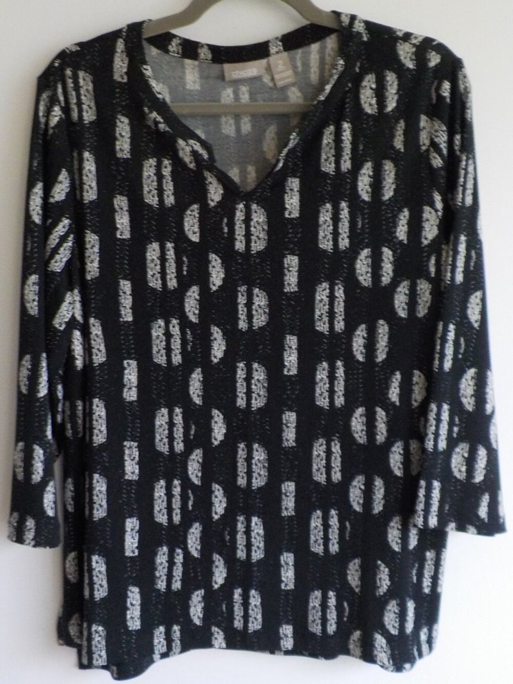 Chicos Blouse Tunic Top - Large Size 2 - Black White 3/4 Sleeve (803)